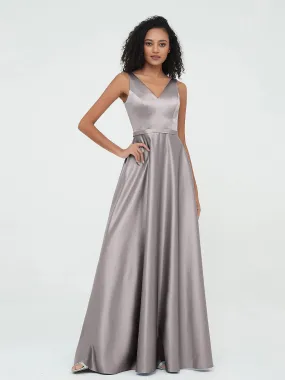 A-ligne Robes Maxi à Col en V en Satin avec Poches Argent