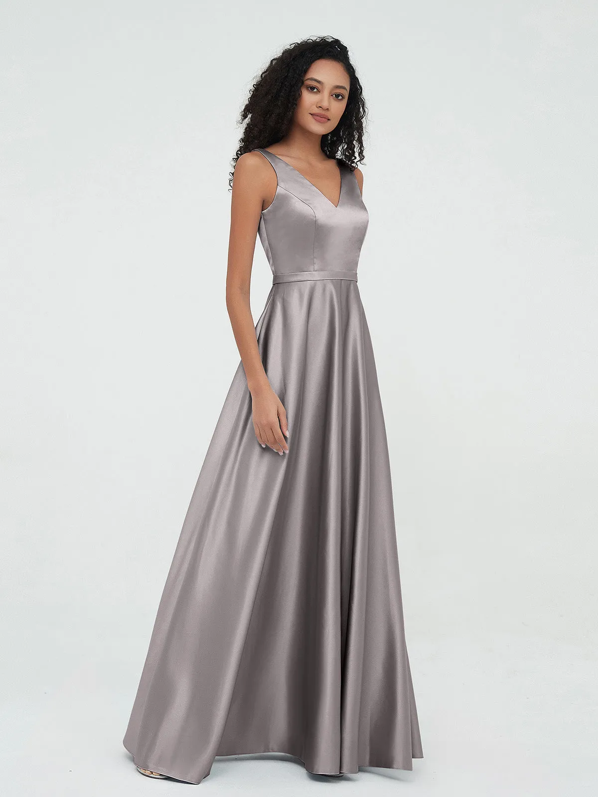 A-ligne Robes Maxi à Col en V en Satin avec Poches Argent