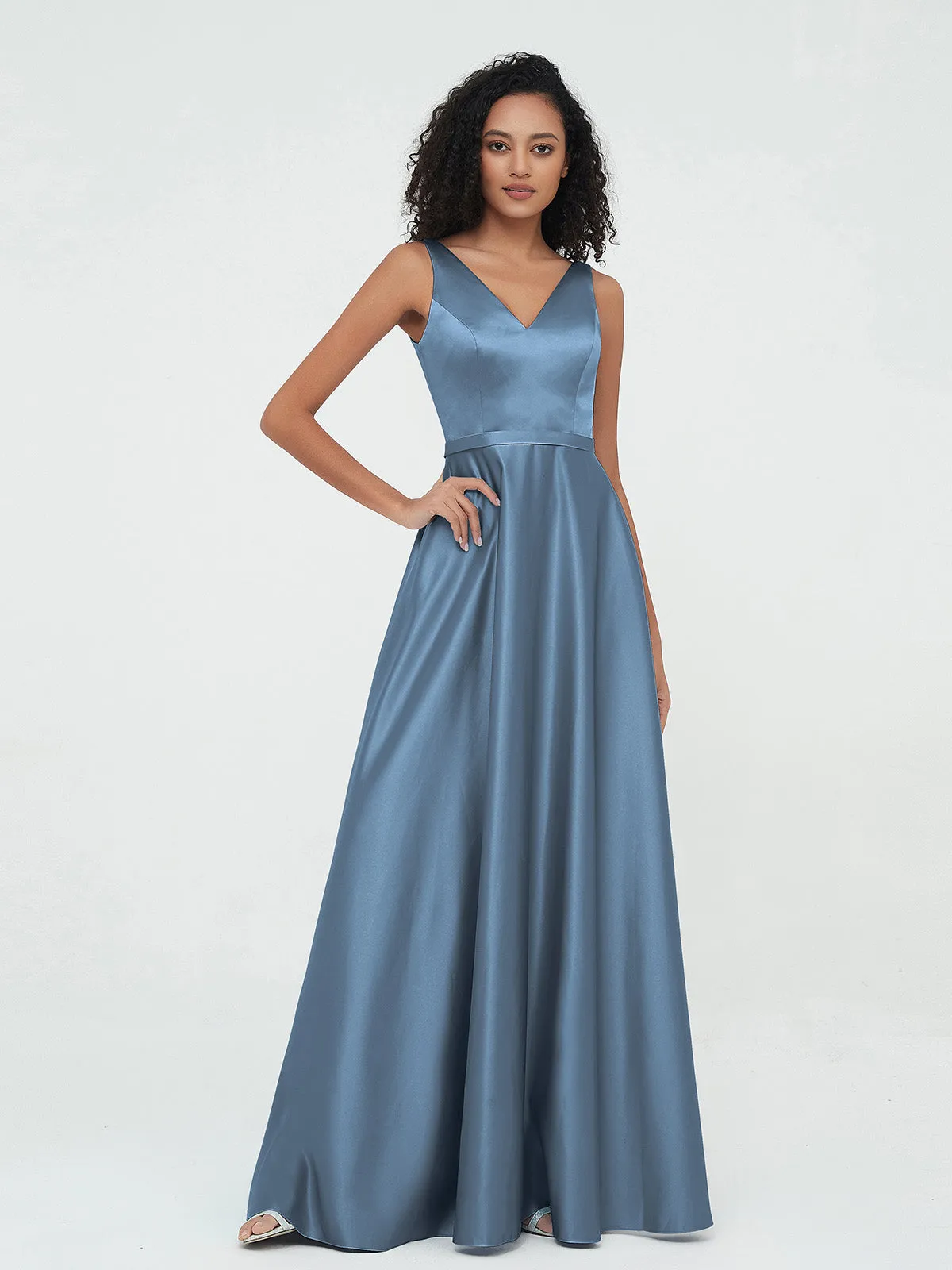 A-ligne Robes Maxi à Col en V en Satin avec Poches Bleu de Schiste Grande Taille