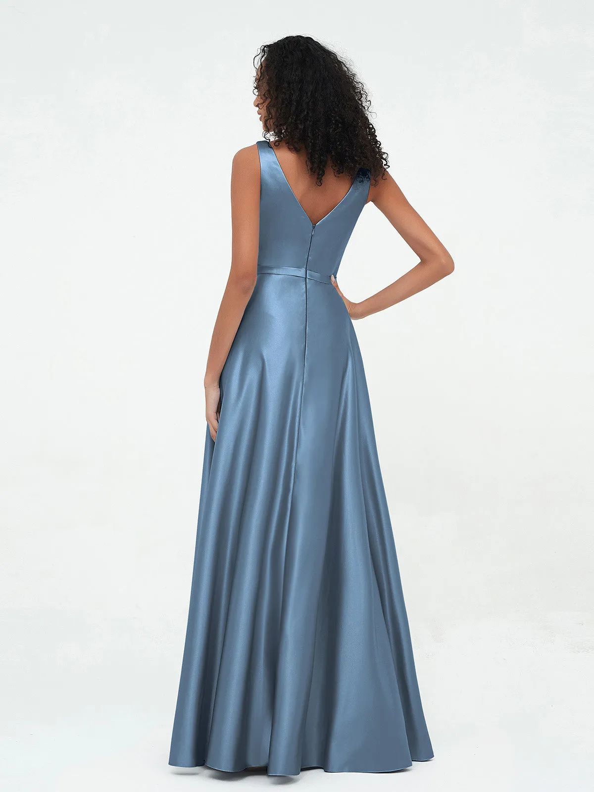 A-ligne Robes Maxi à Col en V en Satin avec Poches Bleu de Schiste Grande Taille