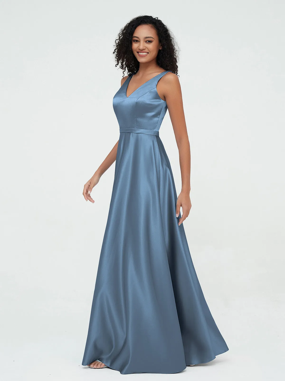 A-ligne Robes Maxi à Col en V en Satin avec Poches Bleu de Schiste Grande Taille