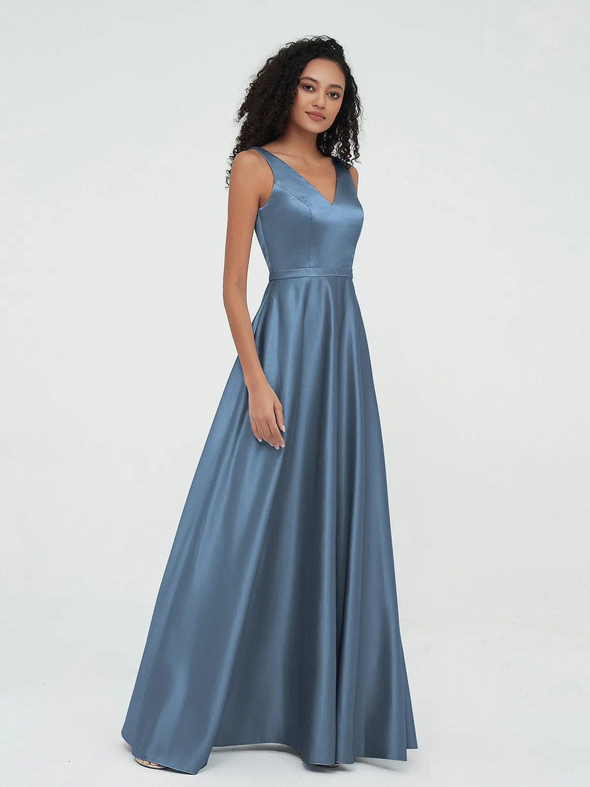 A-ligne Robes Maxi à Col en V en Satin avec Poches Bleu de Schiste Grande Taille