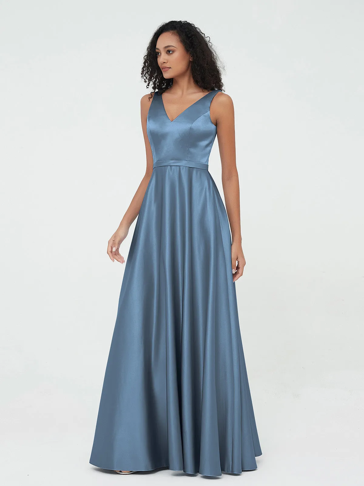 A-ligne Robes Maxi à Col en V en Satin avec Poches Bleu de Schiste Grande Taille