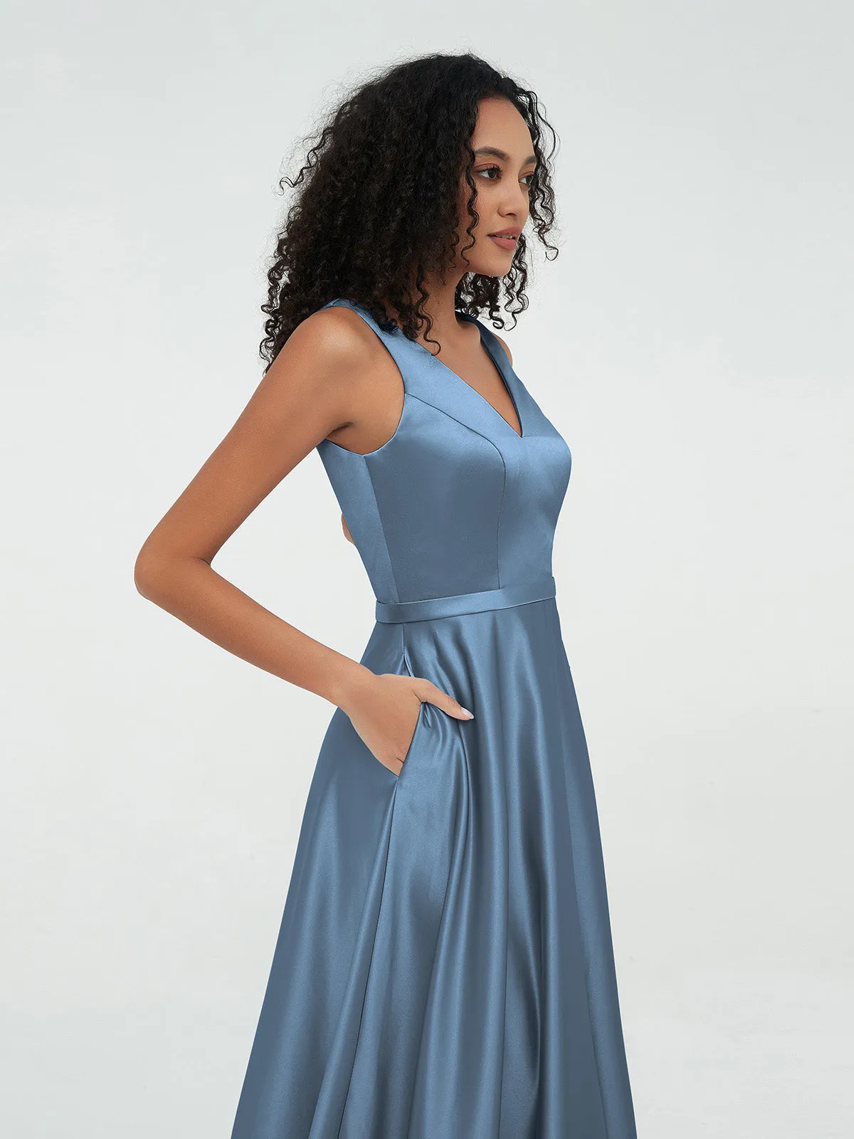 A-ligne Robes Maxi à Col en V en Satin avec Poches Bleu de Schiste Grande Taille