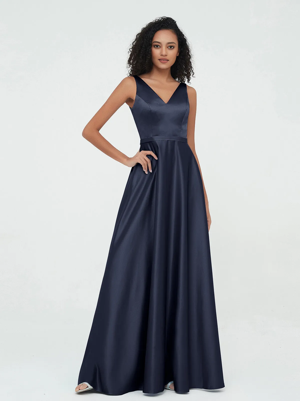 A-ligne Robes Maxi à Col en V en Satin avec Poches Bleu Marine Grande Taille