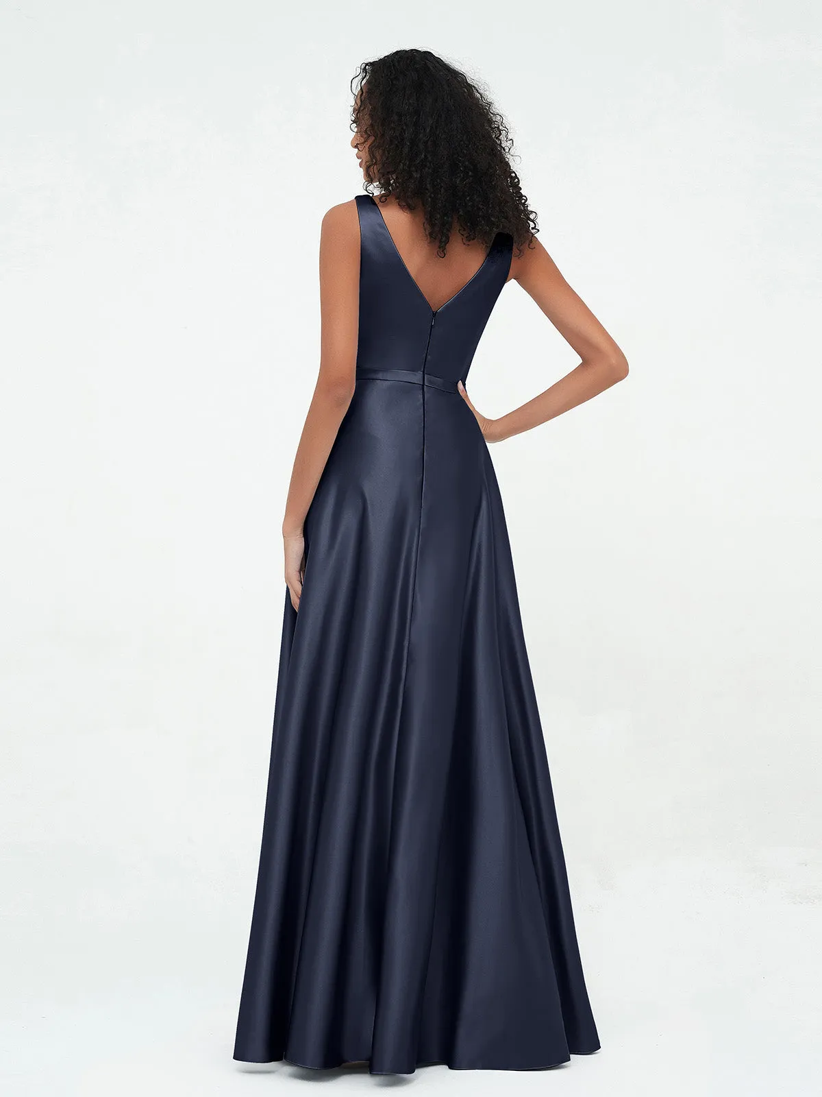 A-ligne Robes Maxi à Col en V en Satin avec Poches Bleu Marine Grande Taille