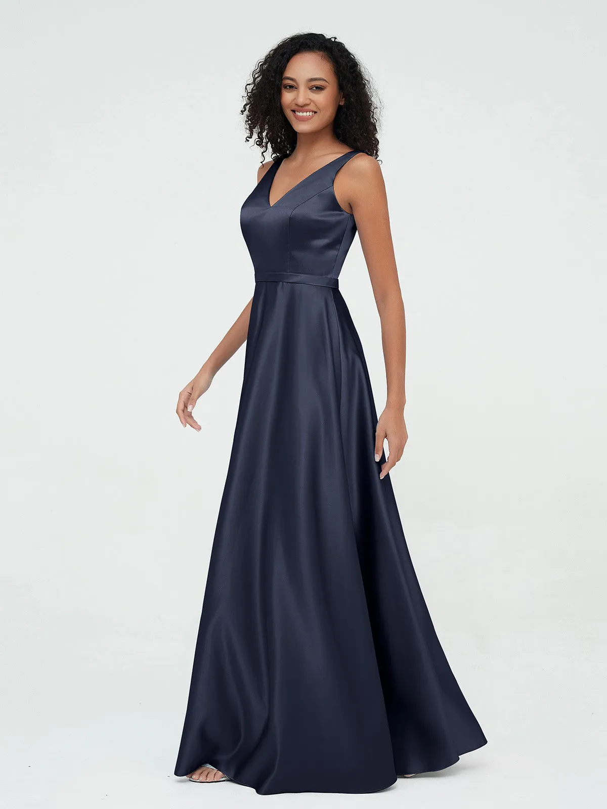 A-ligne Robes Maxi à Col en V en Satin avec Poches Bleu Marine Grande Taille