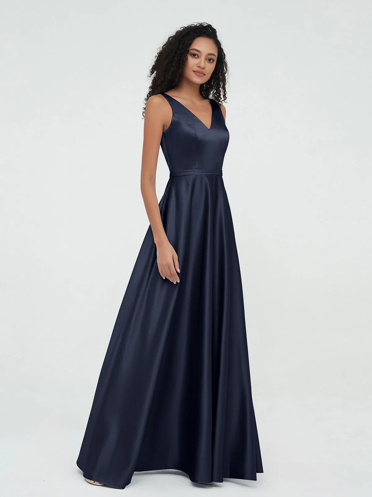 A-ligne Robes Maxi à Col en V en Satin avec Poches Bleu Marine Grande Taille