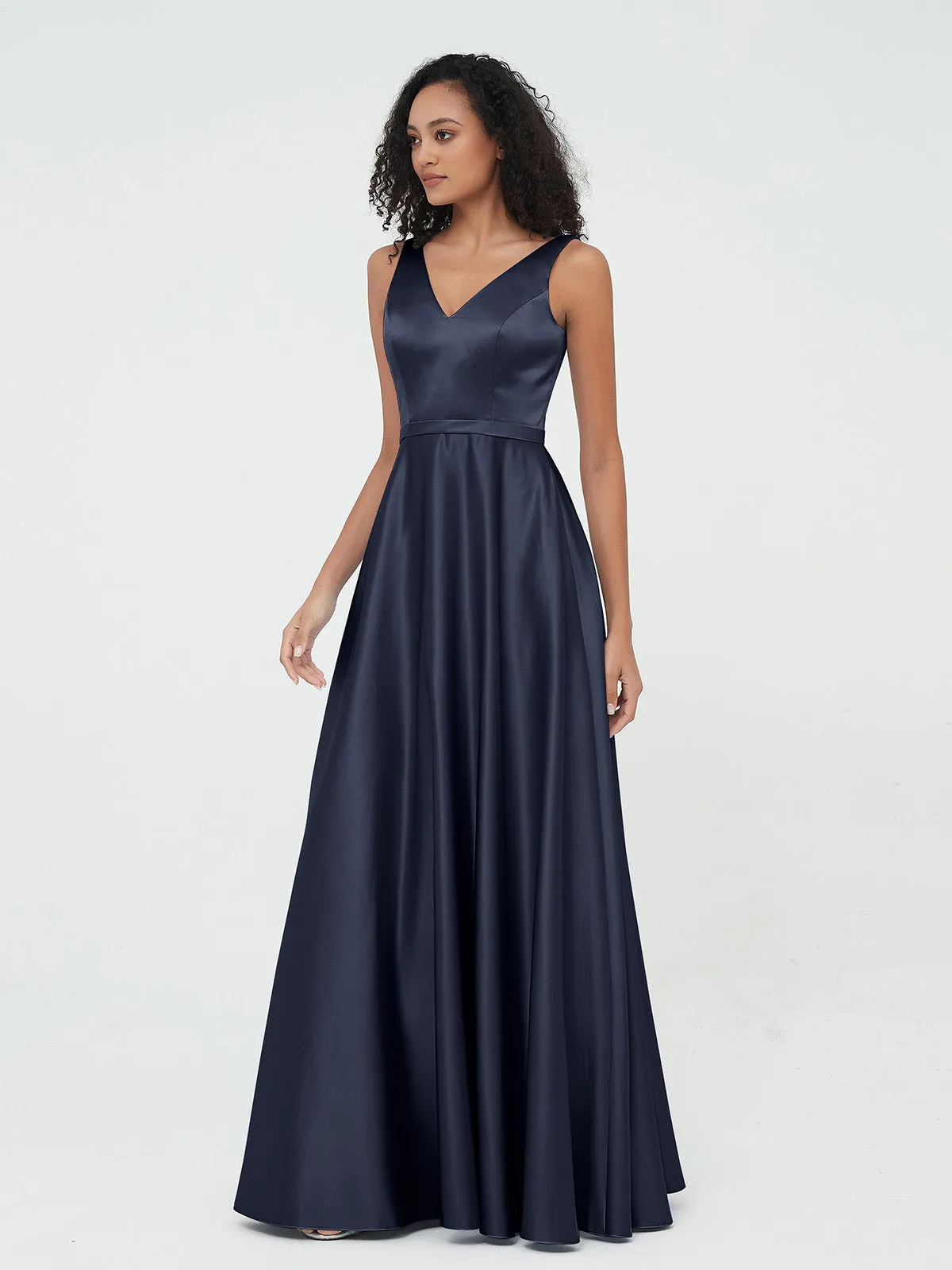 A-ligne Robes Maxi à Col en V en Satin avec Poches Bleu Marine Grande Taille