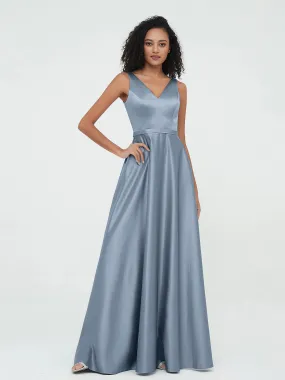 A-ligne Robes Maxi à Col en V en Satin avec Poches Bleu Poudré