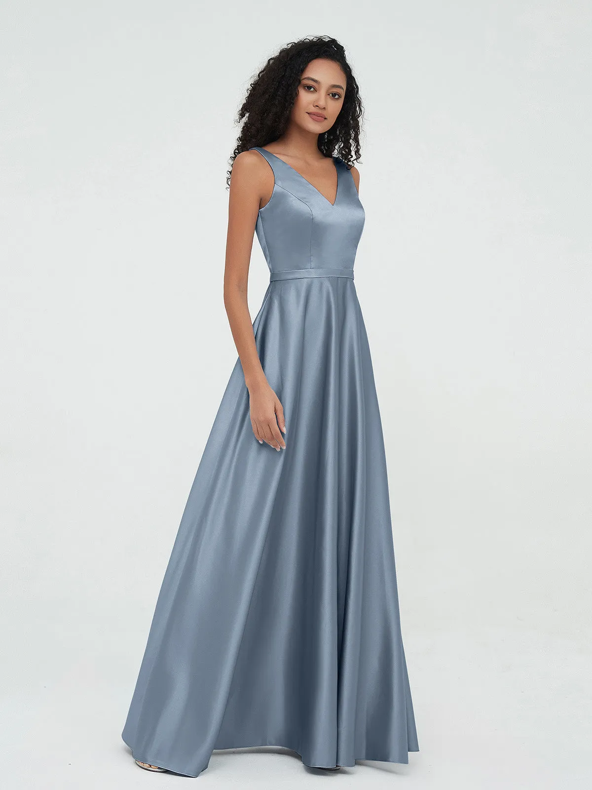 A-ligne Robes Maxi à Col en V en Satin avec Poches Bleu Poudré