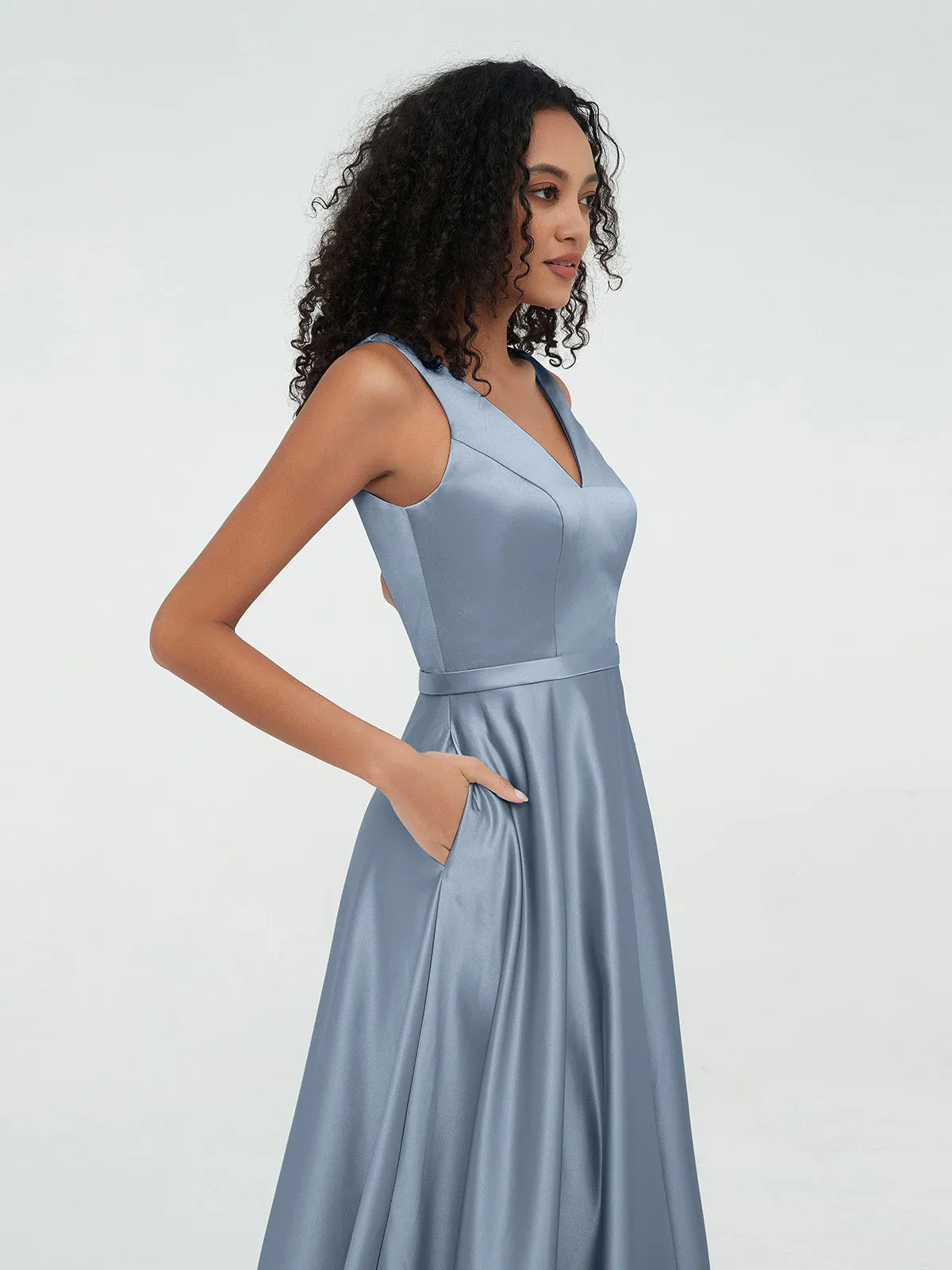 A-ligne Robes Maxi à Col en V en Satin avec Poches Bleu Poudré