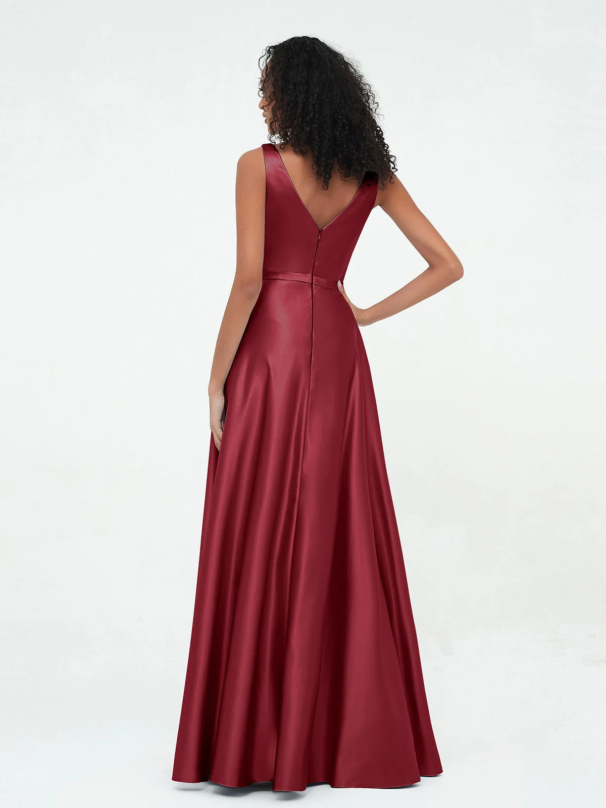 A-ligne Robes Maxi à Col en V en Satin avec Poches Bordeaux