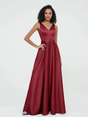 A-ligne Robes Maxi à Col en V en Satin avec Poches Bordeaux