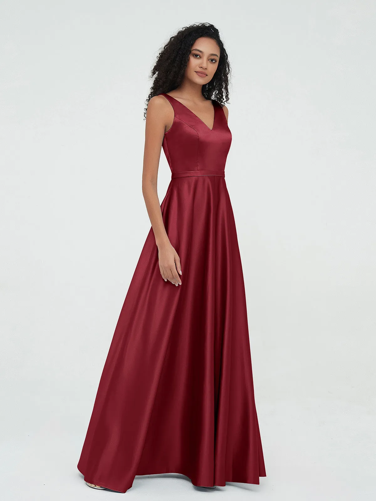 A-ligne Robes Maxi à Col en V en Satin avec Poches Bordeaux