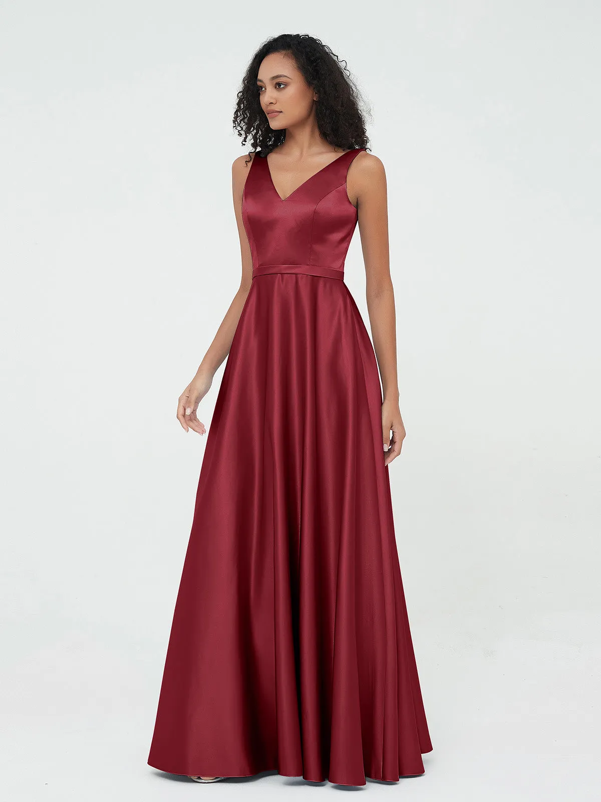 A-ligne Robes Maxi à Col en V en Satin avec Poches Bordeaux