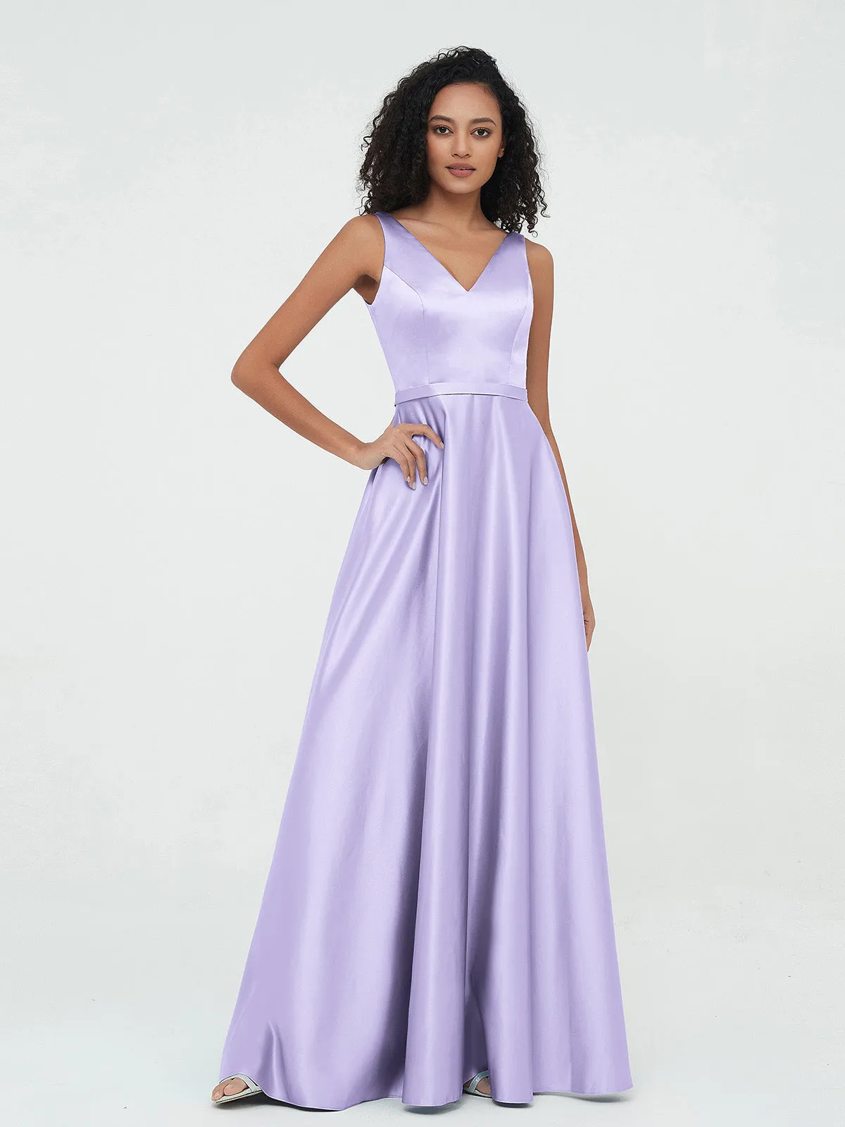 A-ligne Robes Maxi à Col en V en Satin avec Poches Lilas Grande Taille