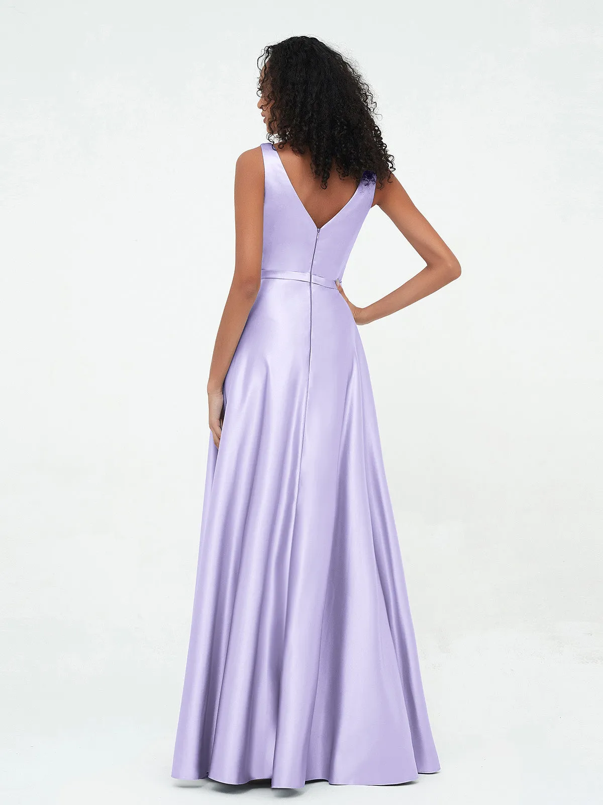 A-ligne Robes Maxi à Col en V en Satin avec Poches Lilas Grande Taille