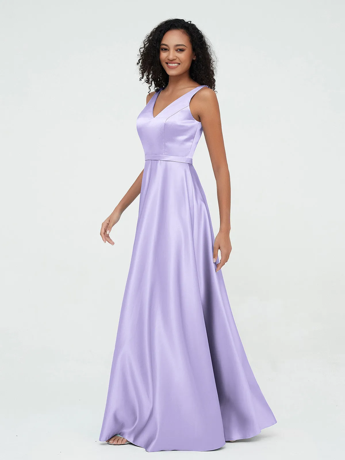 A-ligne Robes Maxi à Col en V en Satin avec Poches Lilas Grande Taille