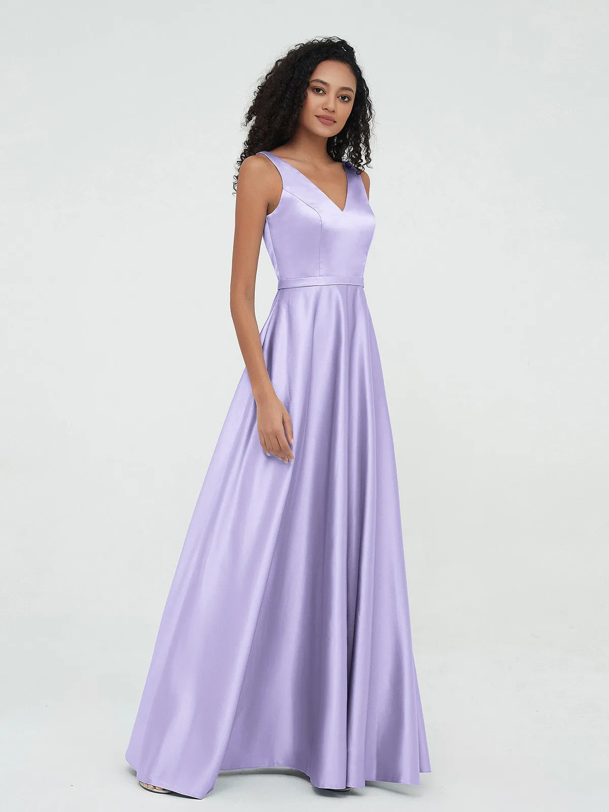 A-ligne Robes Maxi à Col en V en Satin avec Poches Lilas Grande Taille