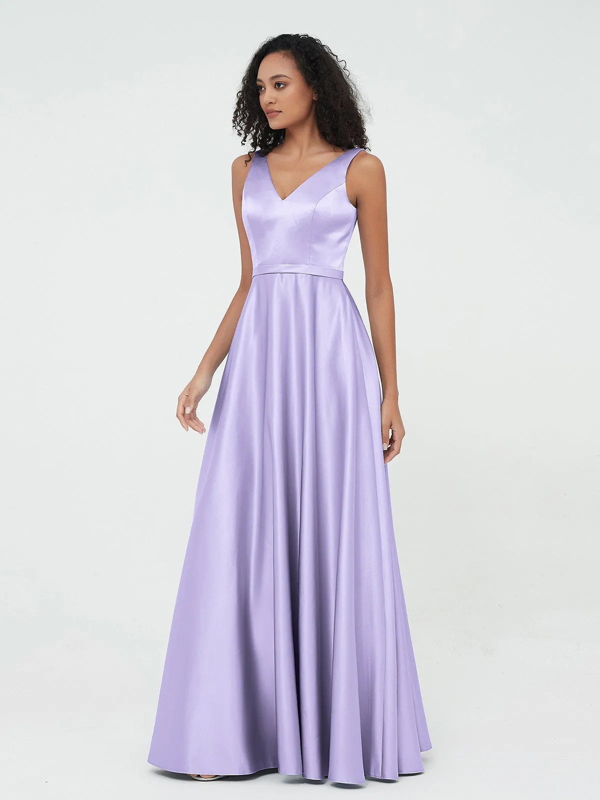 A-ligne Robes Maxi à Col en V en Satin avec Poches Lilas Grande Taille