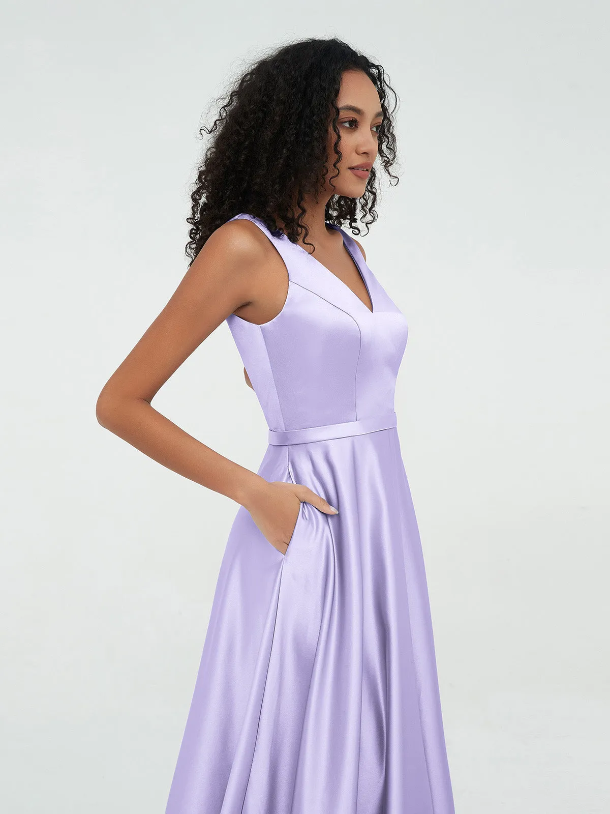 A-ligne Robes Maxi à Col en V en Satin avec Poches Lilas Grande Taille