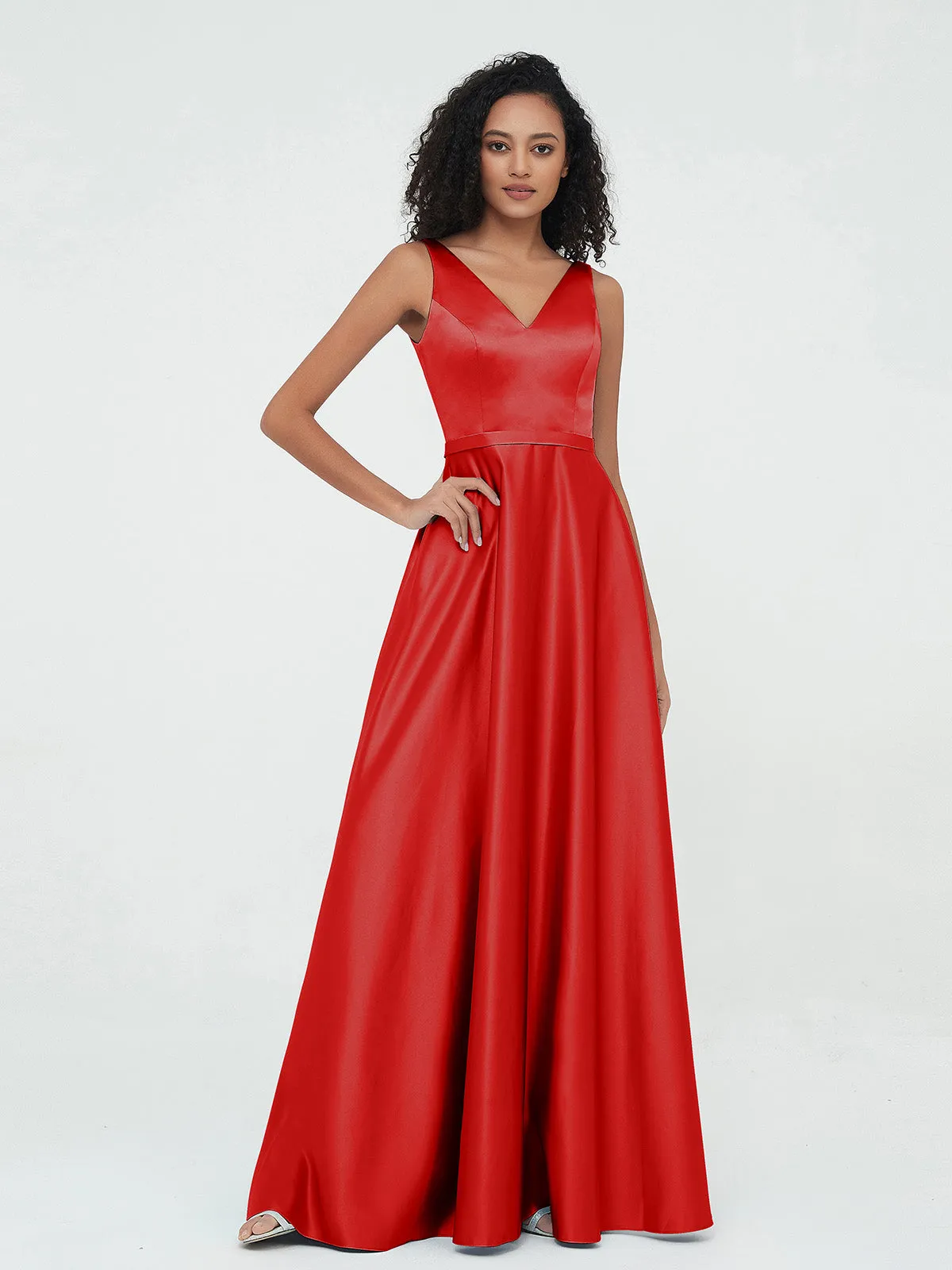 A-ligne Robes Maxi à Col en V en Satin avec Poches Rouge Grande Taille