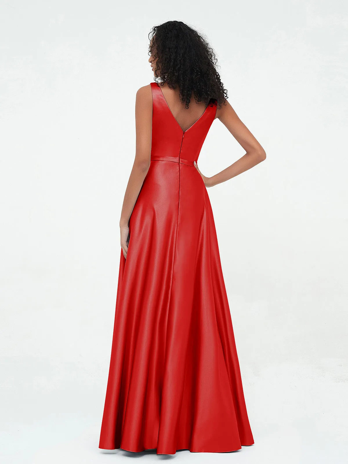 A-ligne Robes Maxi à Col en V en Satin avec Poches Rouge Grande Taille