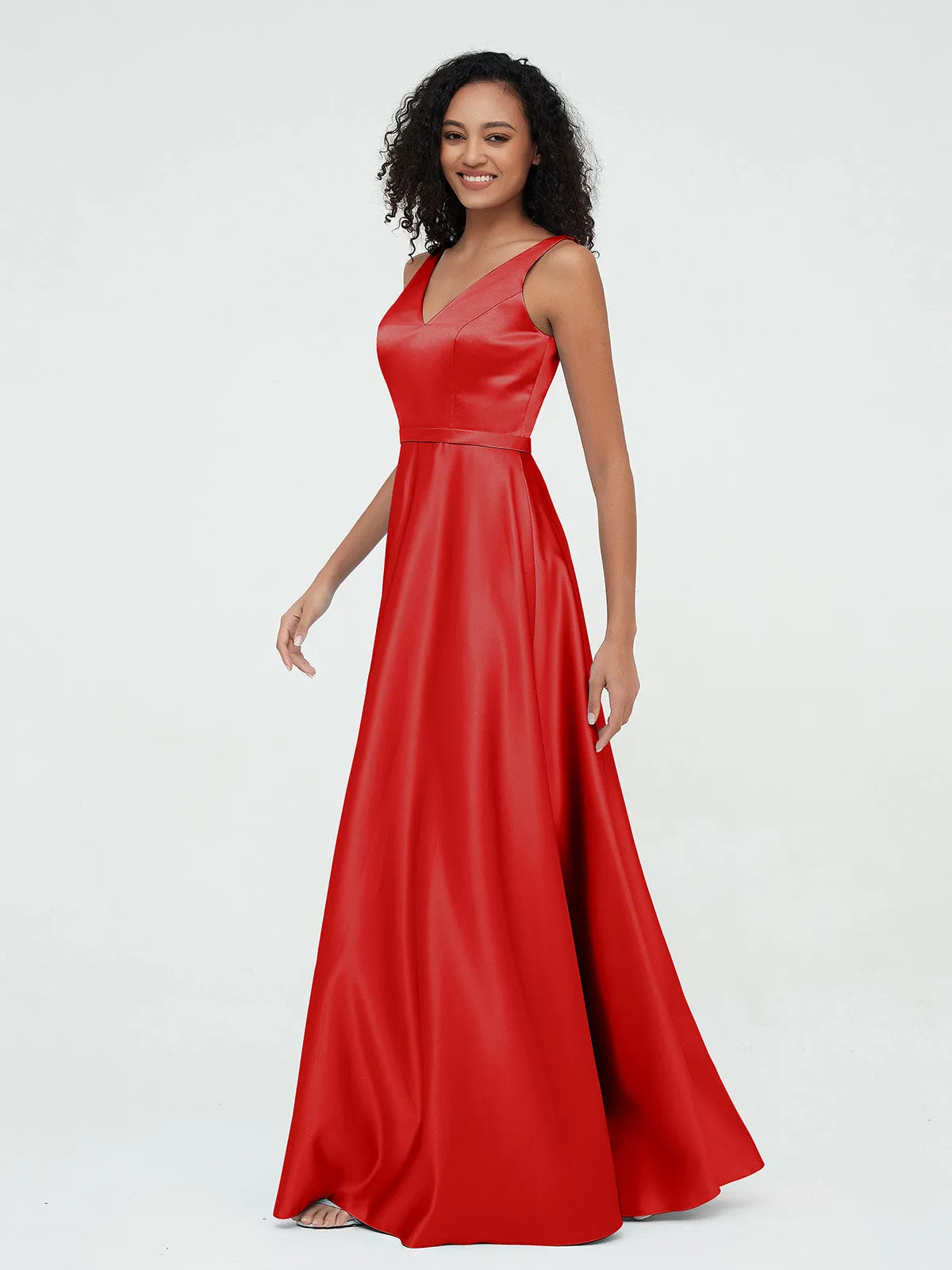 A-ligne Robes Maxi à Col en V en Satin avec Poches Rouge Grande Taille