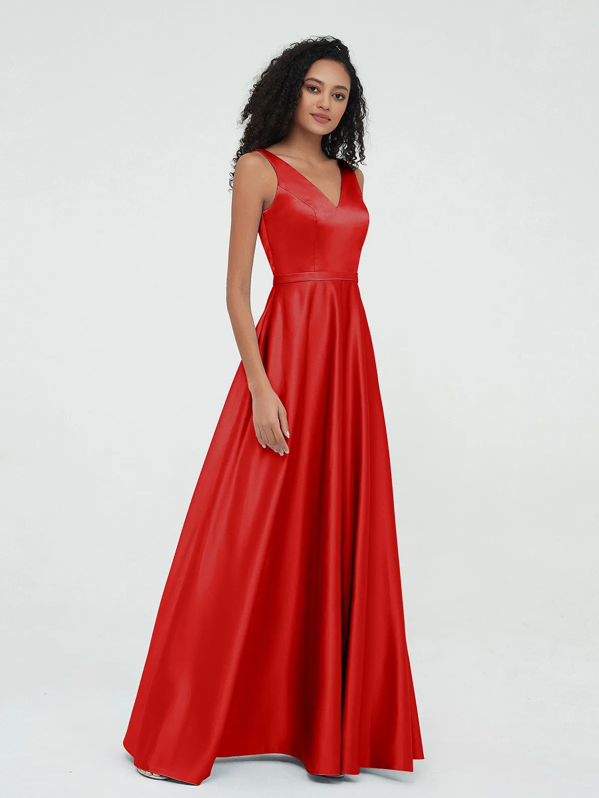 A-ligne Robes Maxi à Col en V en Satin avec Poches Rouge Grande Taille