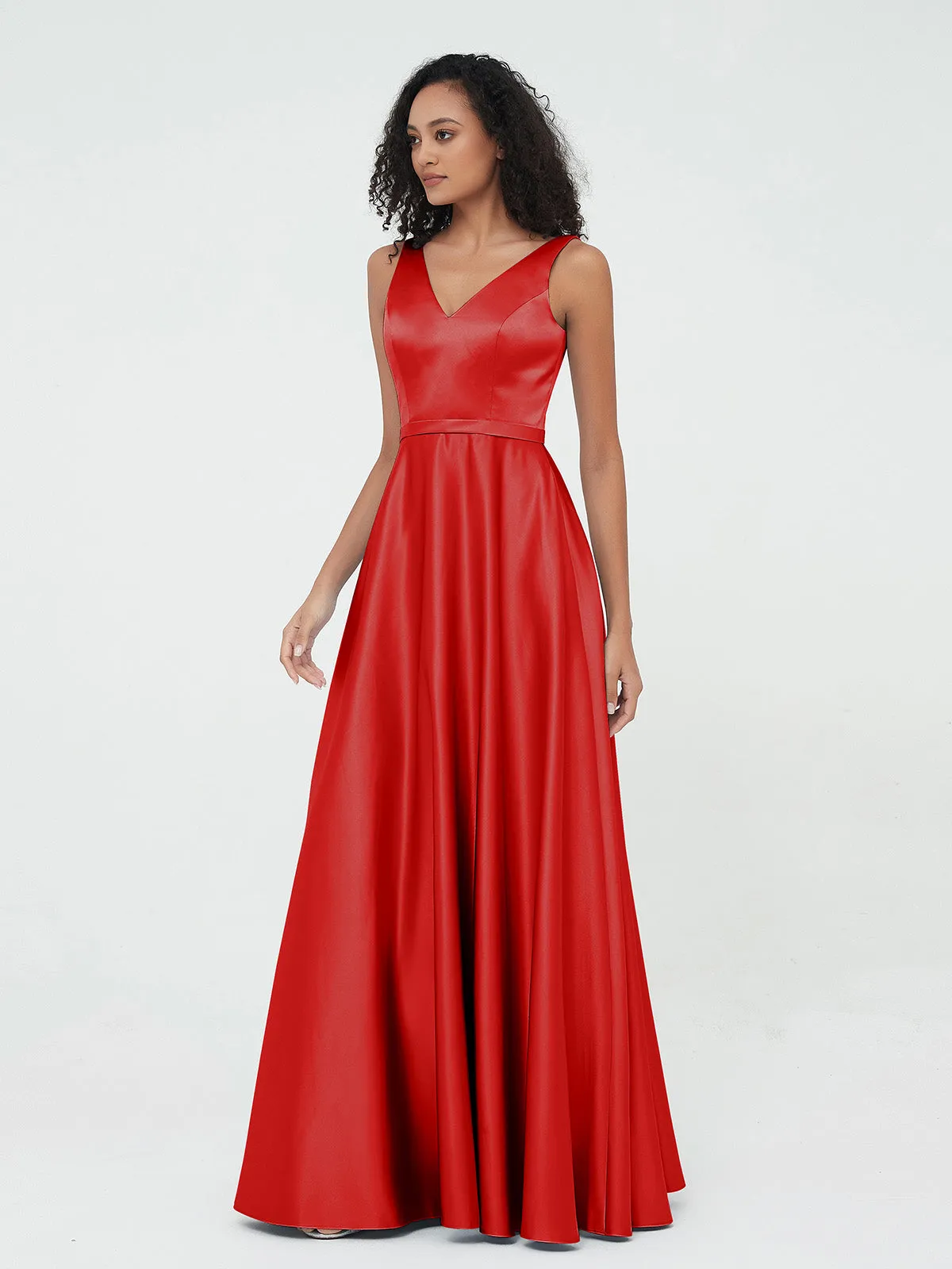 A-ligne Robes Maxi à Col en V en Satin avec Poches Rouge Grande Taille