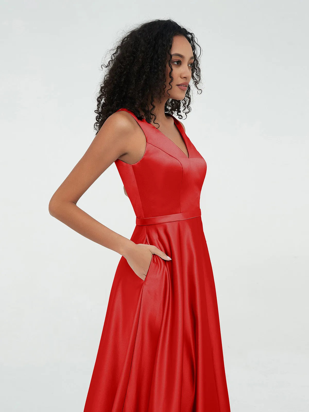 A-ligne Robes Maxi à Col en V en Satin avec Poches Rouge Grande Taille