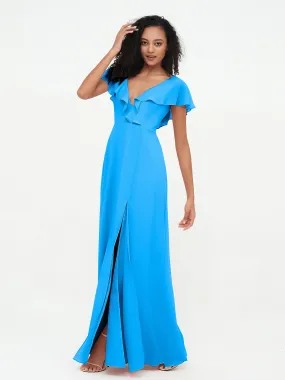 A-ligne Robes à Col en V en Mousseline avec Poches Bleu Océan Grande Taille