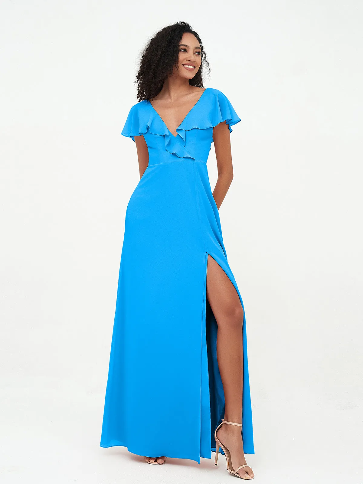 A-ligne Robes à Col en V en Mousseline avec Poches Bleu Océan Grande Taille