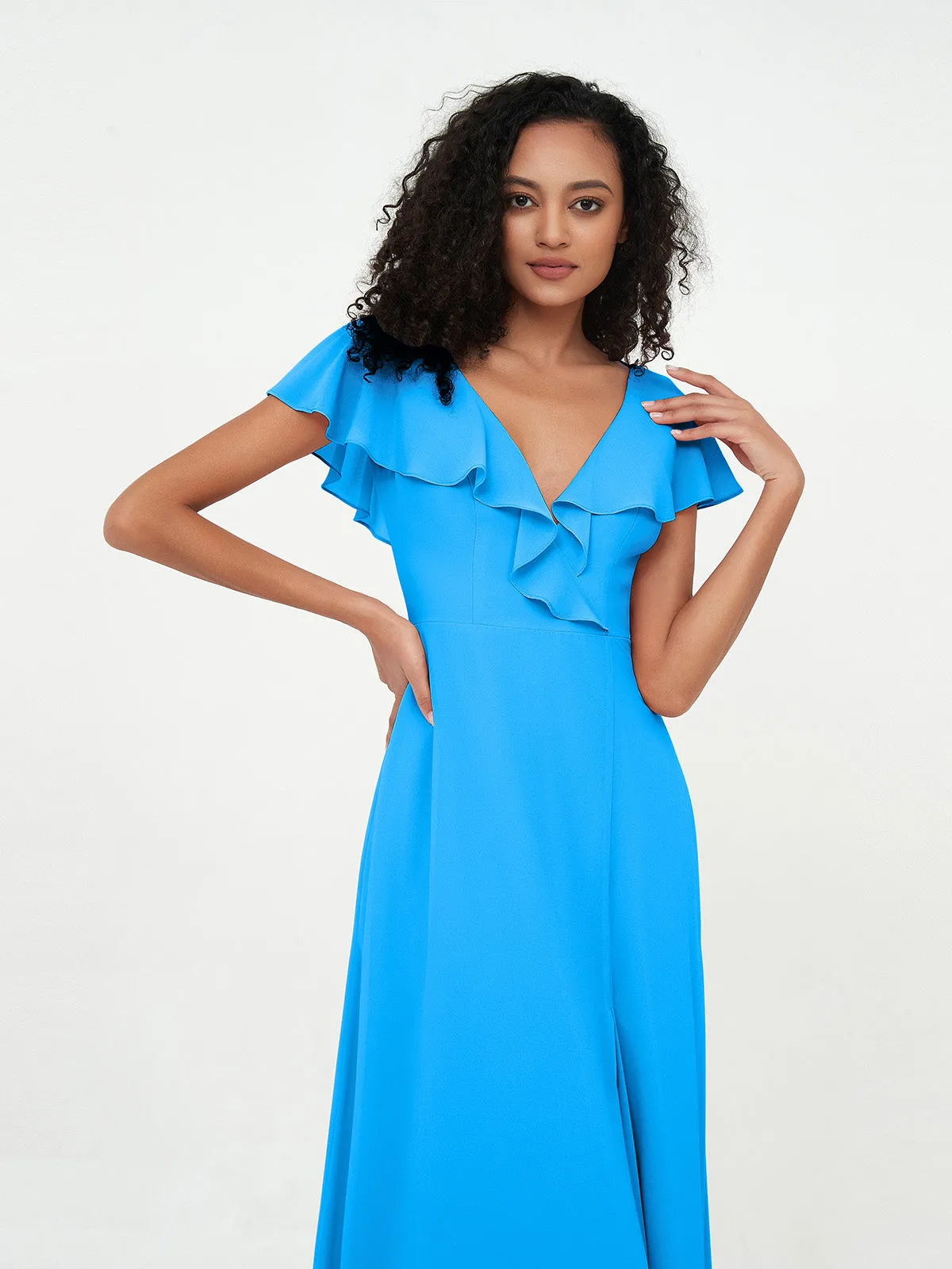 A-ligne Robes à Col en V en Mousseline avec Poches Bleu Océan Grande Taille