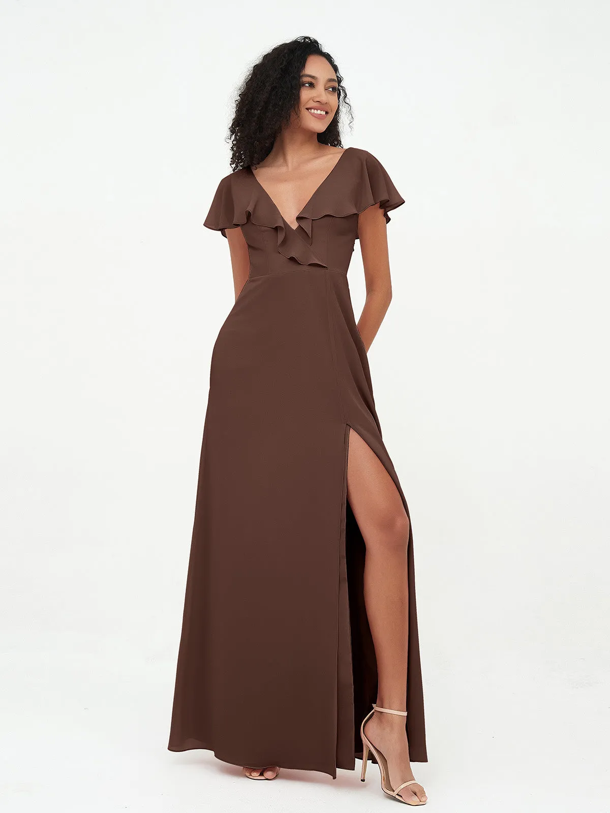 A-ligne Robes à Col en V en Mousseline avec Poches Chocolat Grande Taille