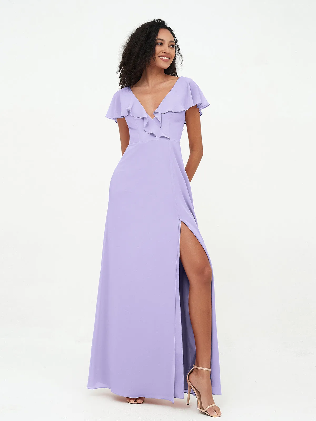 A-ligne Robes à Col en V en Mousseline avec Poches Lilas Grande Taille