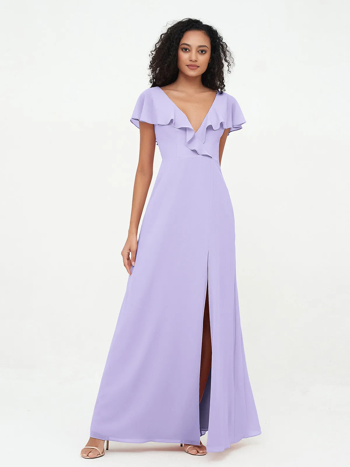 A-ligne Robes à Col en V en Mousseline avec Poches Lilas Grande Taille