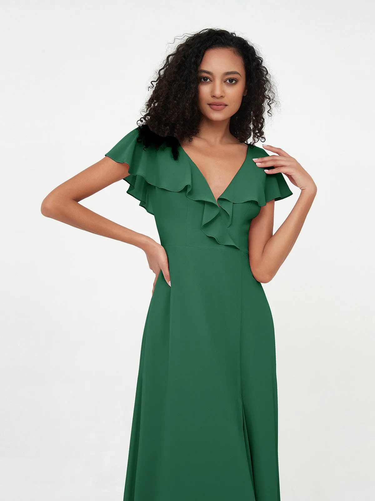 A-ligne Robes à Col en V en Mousseline avec Poches Vert Foncé Grande Taille