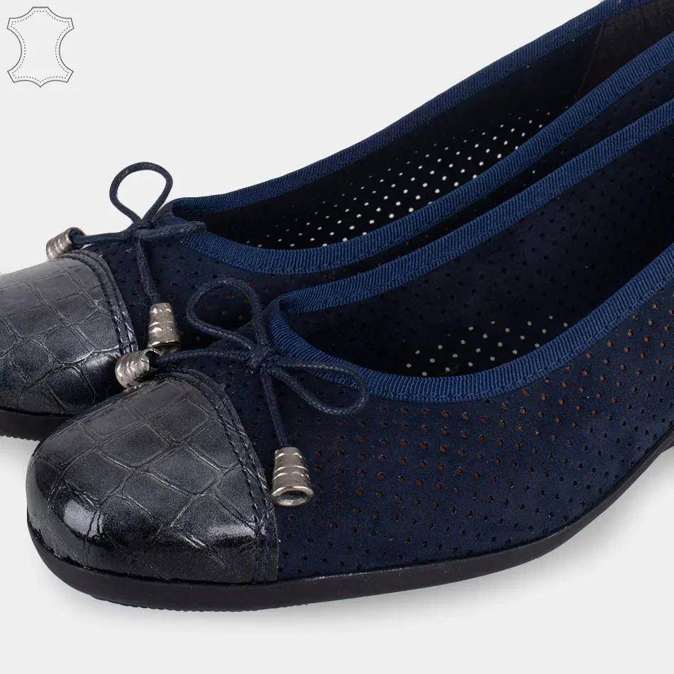 Ballerine confort en cuir  talon compensé, bleu marine