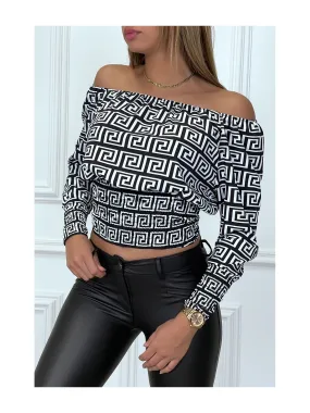 Blouse noire à motif blanc à col bardot et froncé