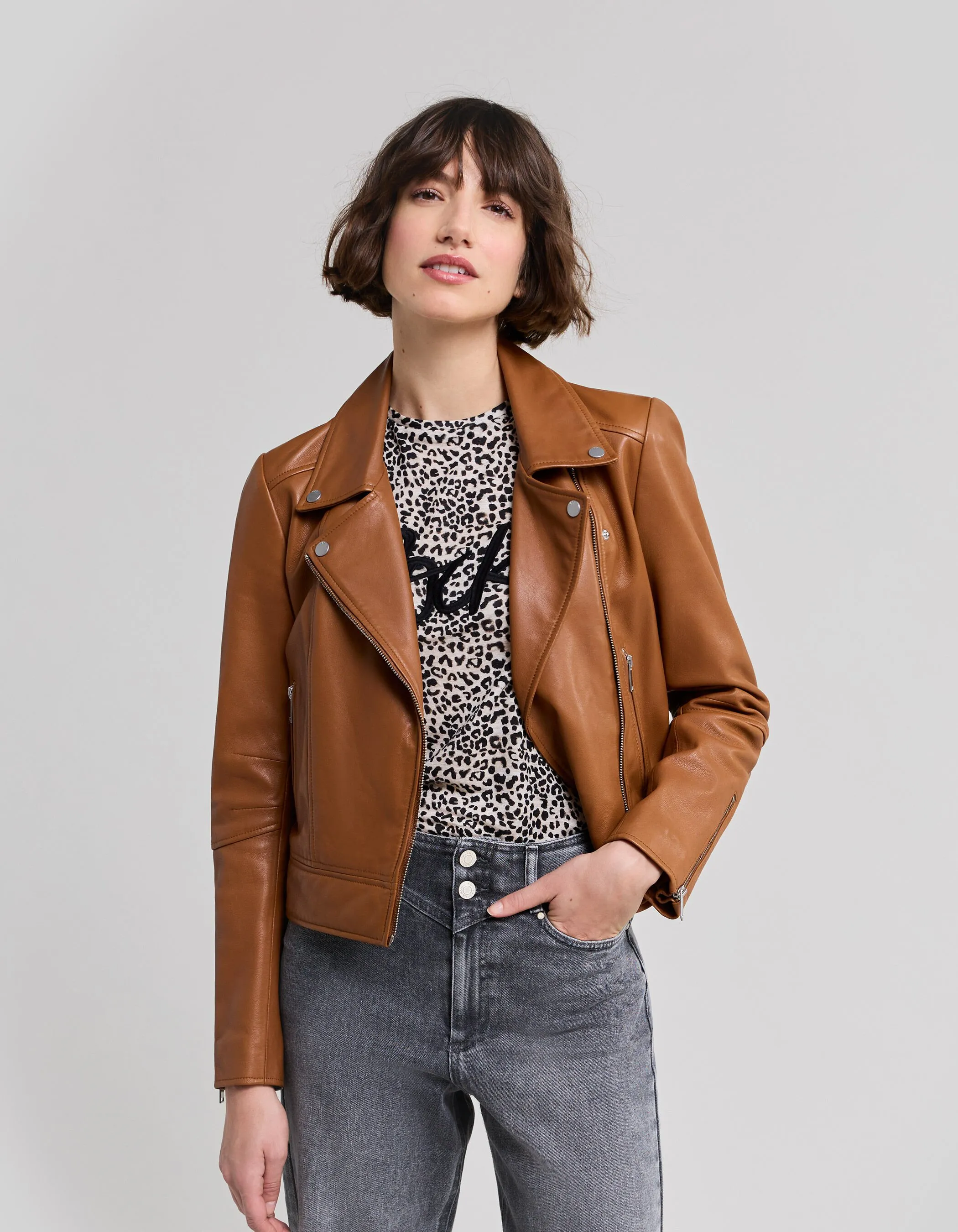 Blouson camel en cuir d'agneau femme