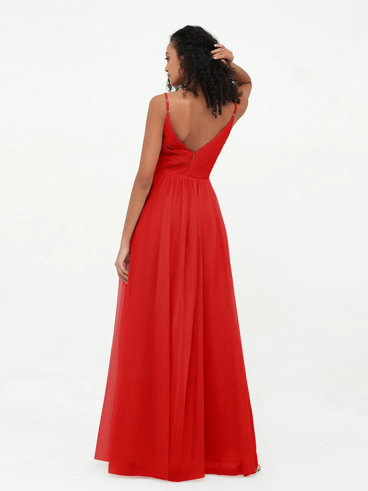 Bretelles Spaghetti Robes Maxi Plissé en Tulle Rouge Grande Taille