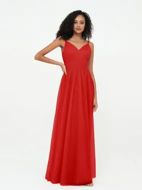 Bretelles Spaghetti Robes Maxi Plissé en Tulle Rouge Grande Taille