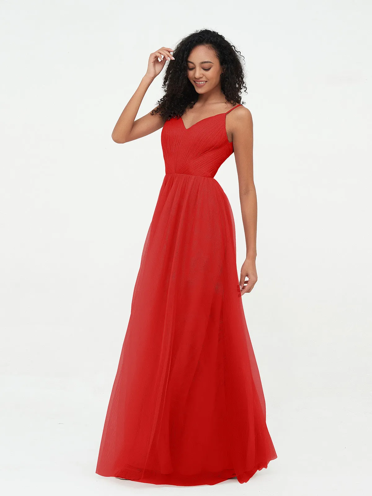 Bretelles Spaghetti Robes Maxi Plissé en Tulle Rouge Grande Taille