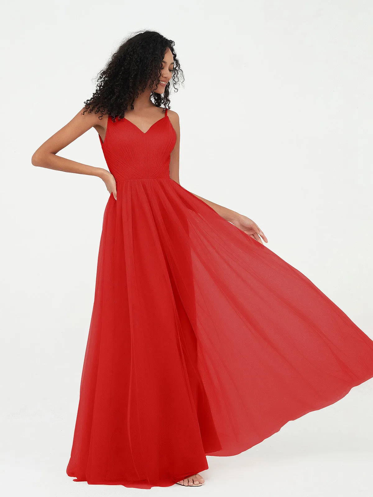 Bretelles Spaghetti Robes Maxi Plissé en Tulle Rouge Grande Taille