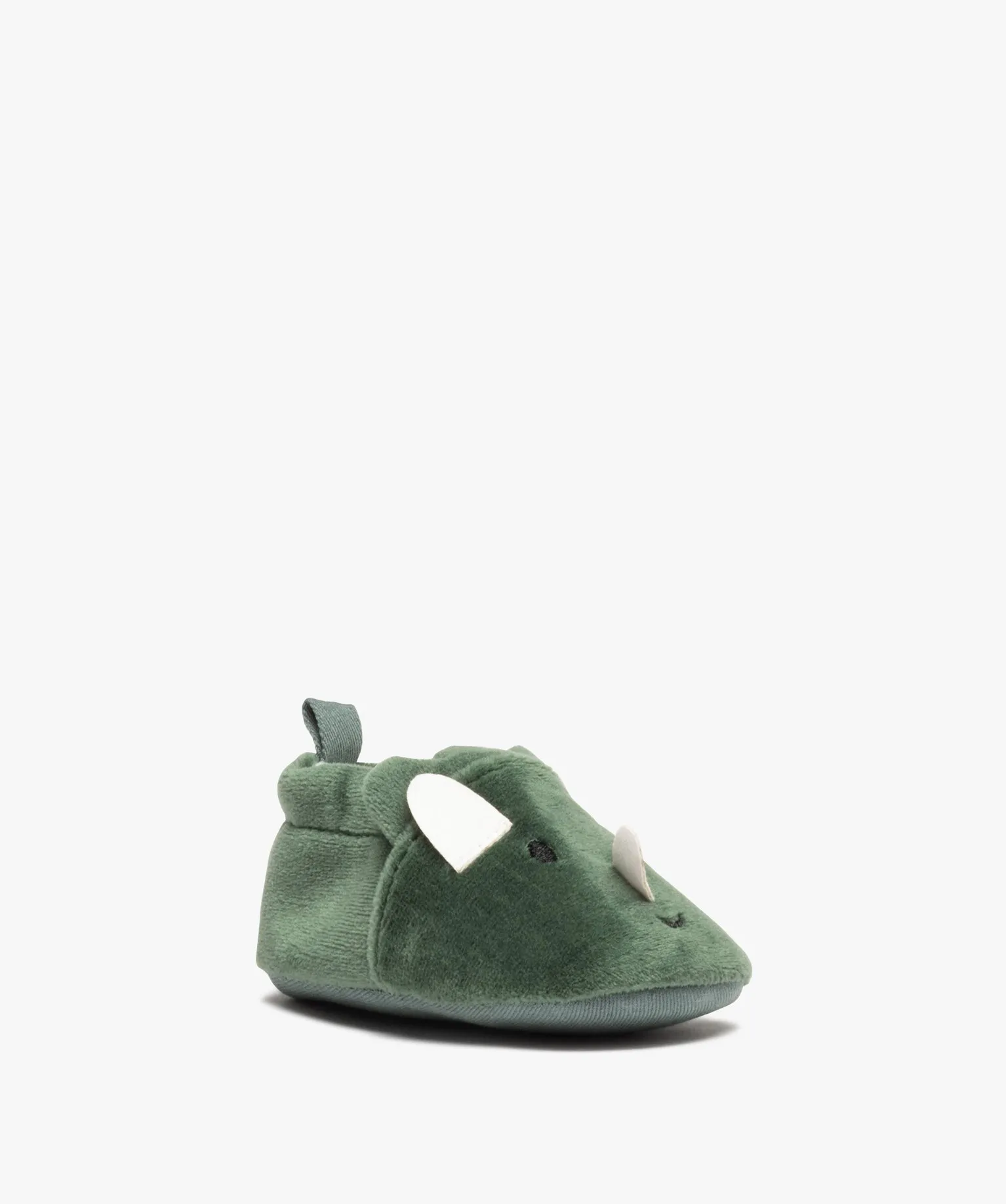 chaussons de naissance en velours avec details rhinoceros vert chaussures de naissance