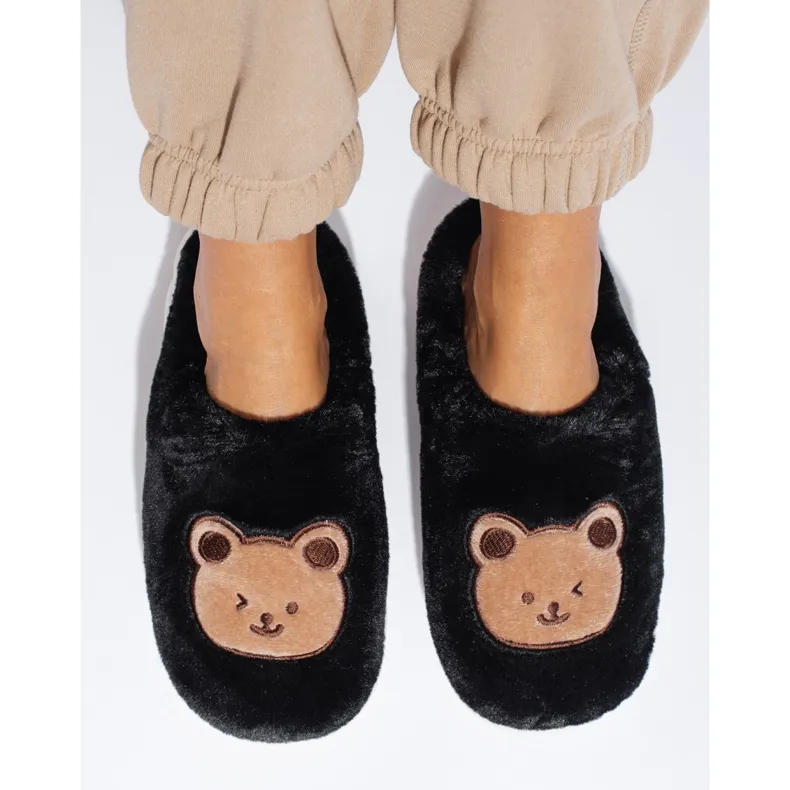 Chaussons en fourrure noire avec ours en peluche Shelovet le noir