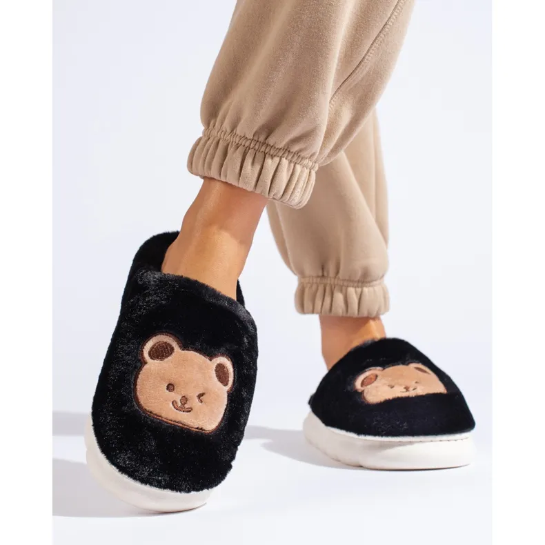 Chaussons en fourrure noire avec ours en peluche Shelovet le noir