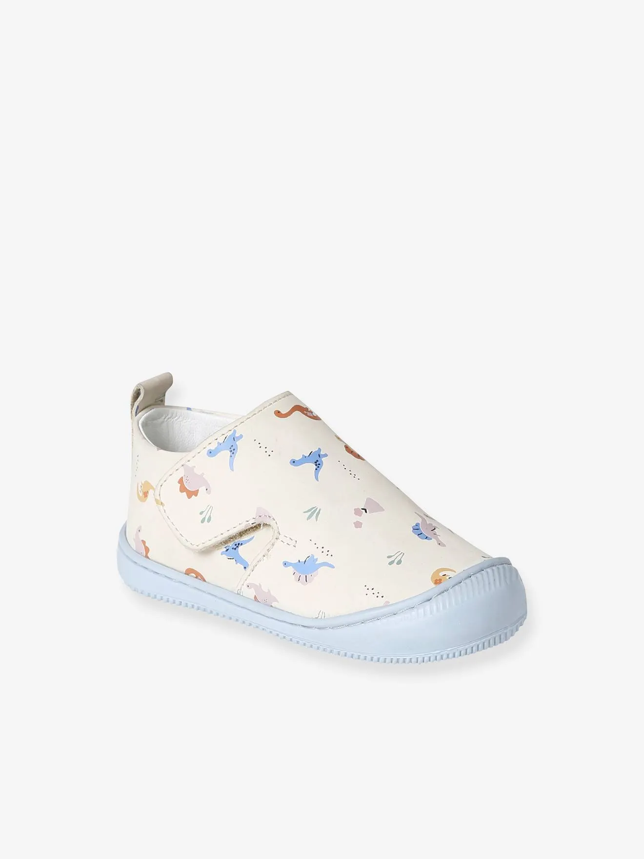 Chaussons scratchés bébé en cuir souple bleu grisé - Vertbaudet